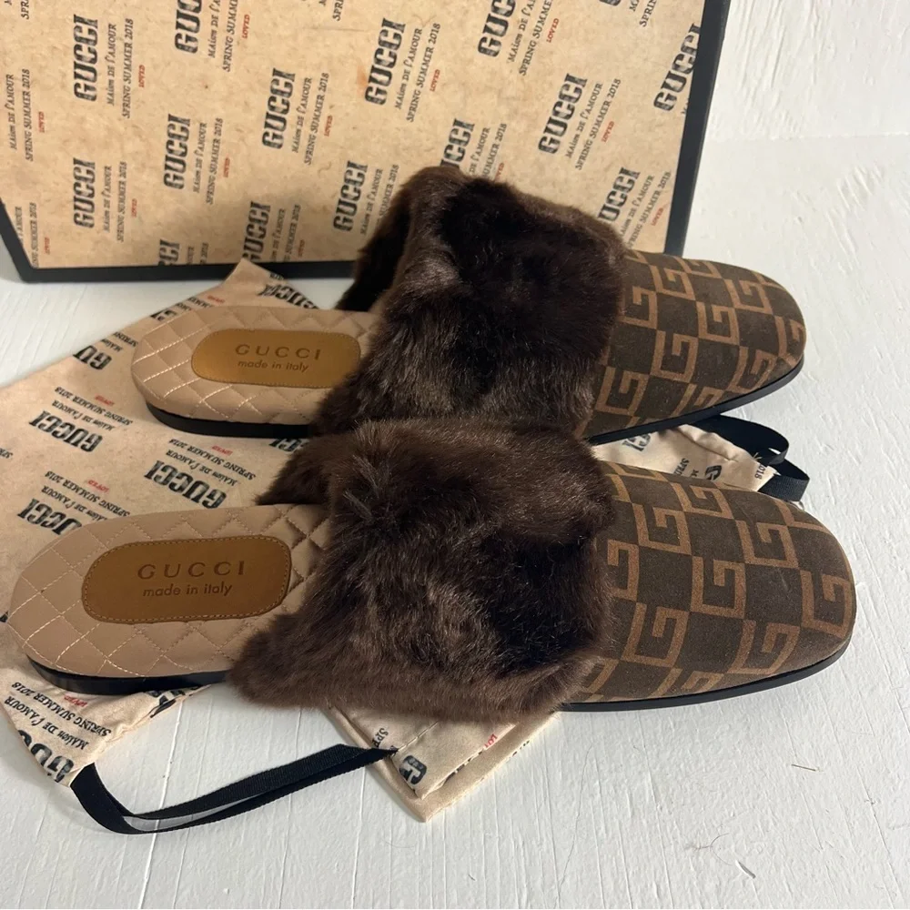 Gucci Men's Lawrence Faux Fur Suede GG Logo Slides Size 12 Chocolate Brown - Picture 6 of 13
